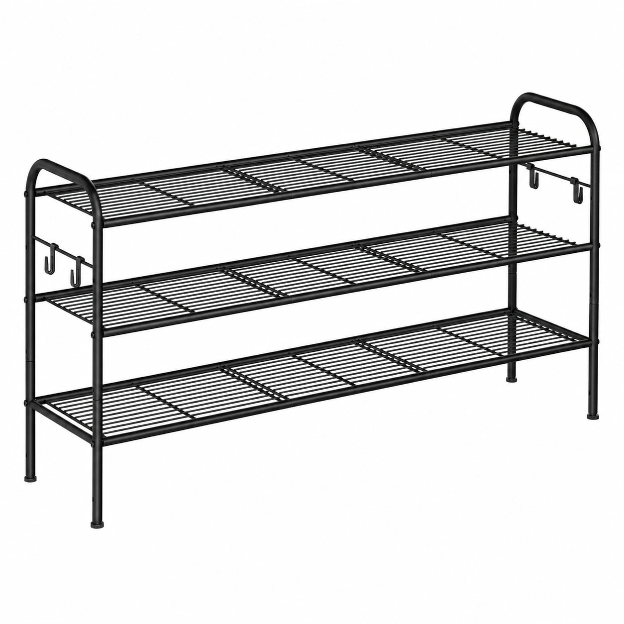 SONGMICS Schuhregal, 3-stufiger Schuhständer aus Metall mit Haken, flexibel für 18 Paar Schuhe, höhenverstellbare Ebenen, ideal für Flur und Garderobe, einfache Montage, schwarzes Design
