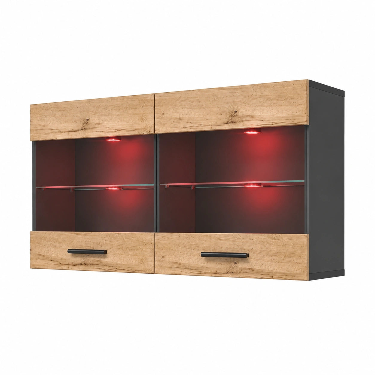 Vitrine Schrank Savona aus Wotan Eiche und Schwarz mit LED RGB, 100x50x30 cm, 2 Glastüren für Wohnzimmer und Küche