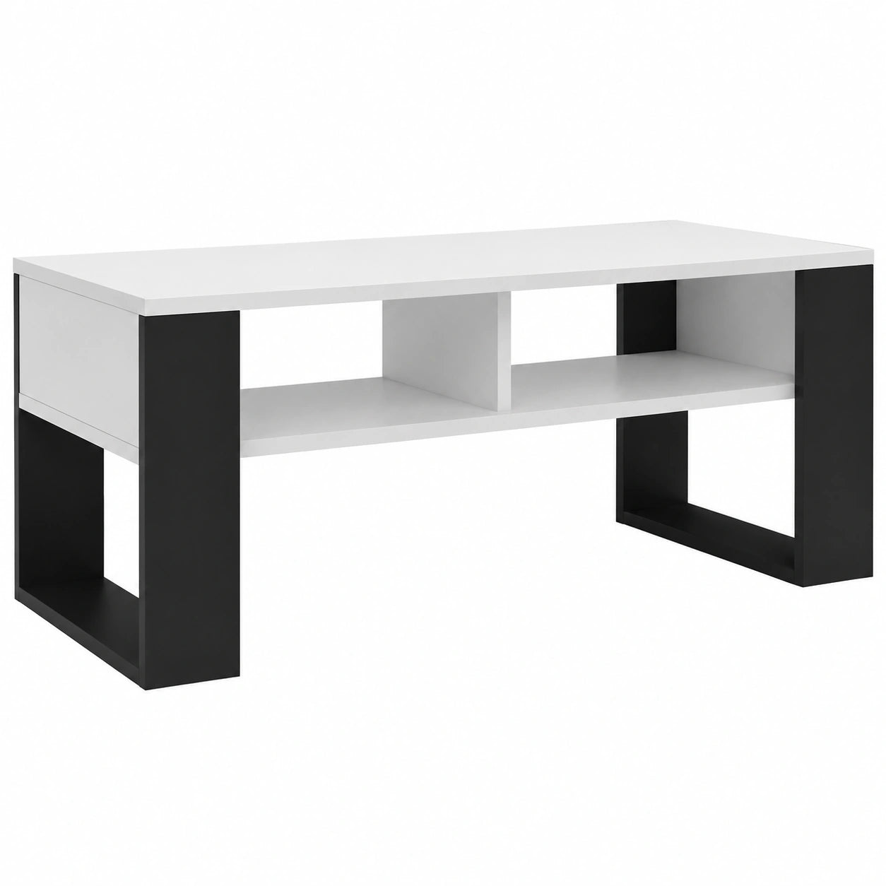Moderner Wohnzimmertisch mit Ablagen, Robuster Kratzfester Couchtisch, 90 x 58 x 50 cm - Schwarz/Weiß