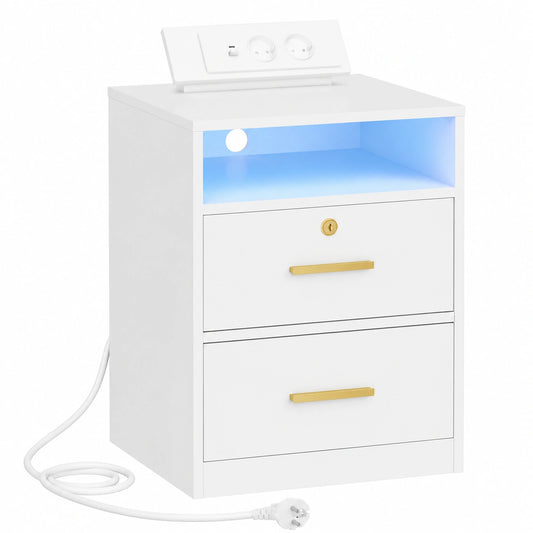 Moderner Nachttisch mit Ladefunktion und LED-Licht, 2 Schubladen & Schloss, Weiß