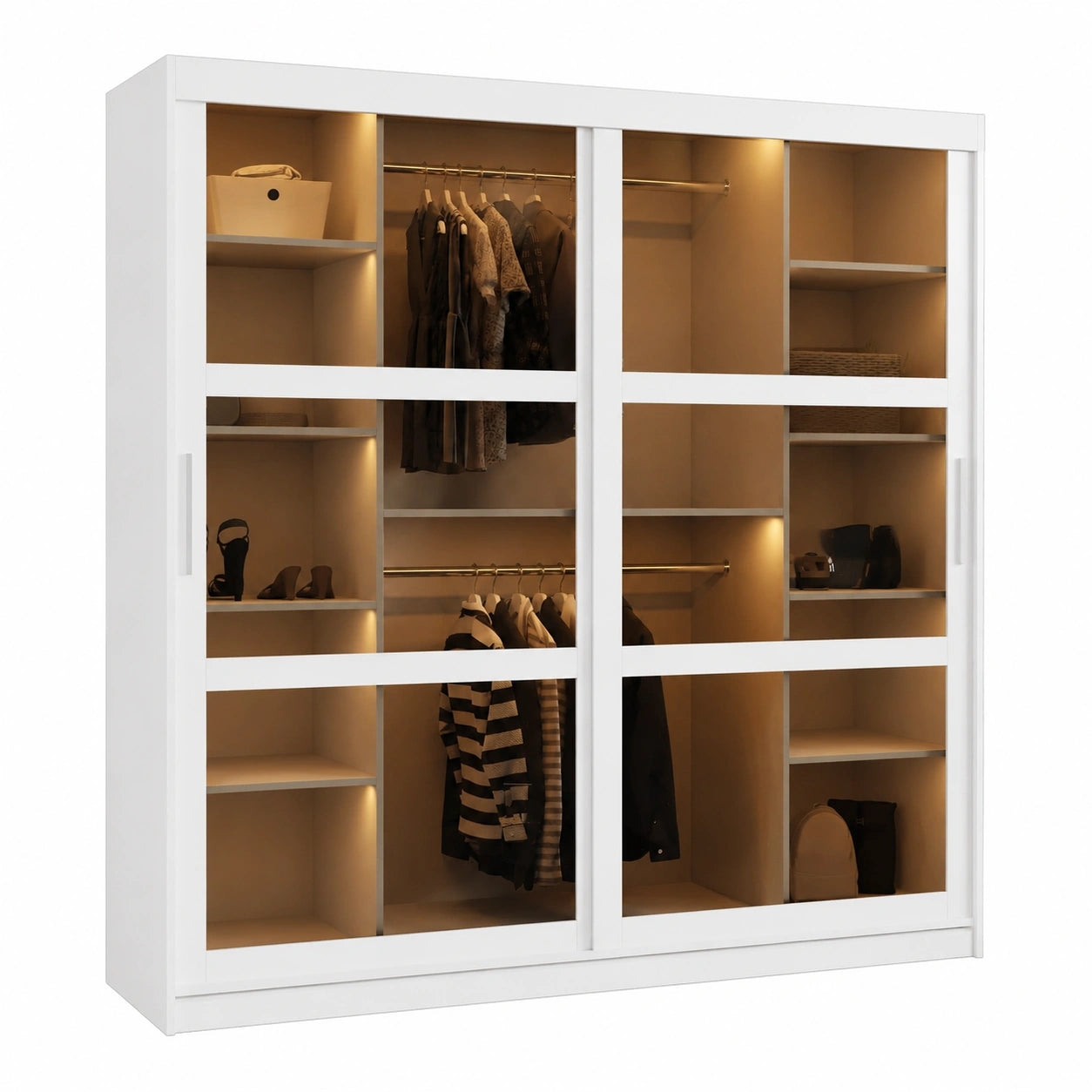 Moderner Schwebetürenschrank mit Spiegel und Regale - Eleganter Kleiderschrank für Schlafzimmer und Wohnzimmer - 200x200x62cm - Weiß/Silber
