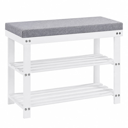 Bambus Schuhbank mit Polstersitz, 3-stufig, 70x28x50cm, Weiß für Flur & Schlafzimmer