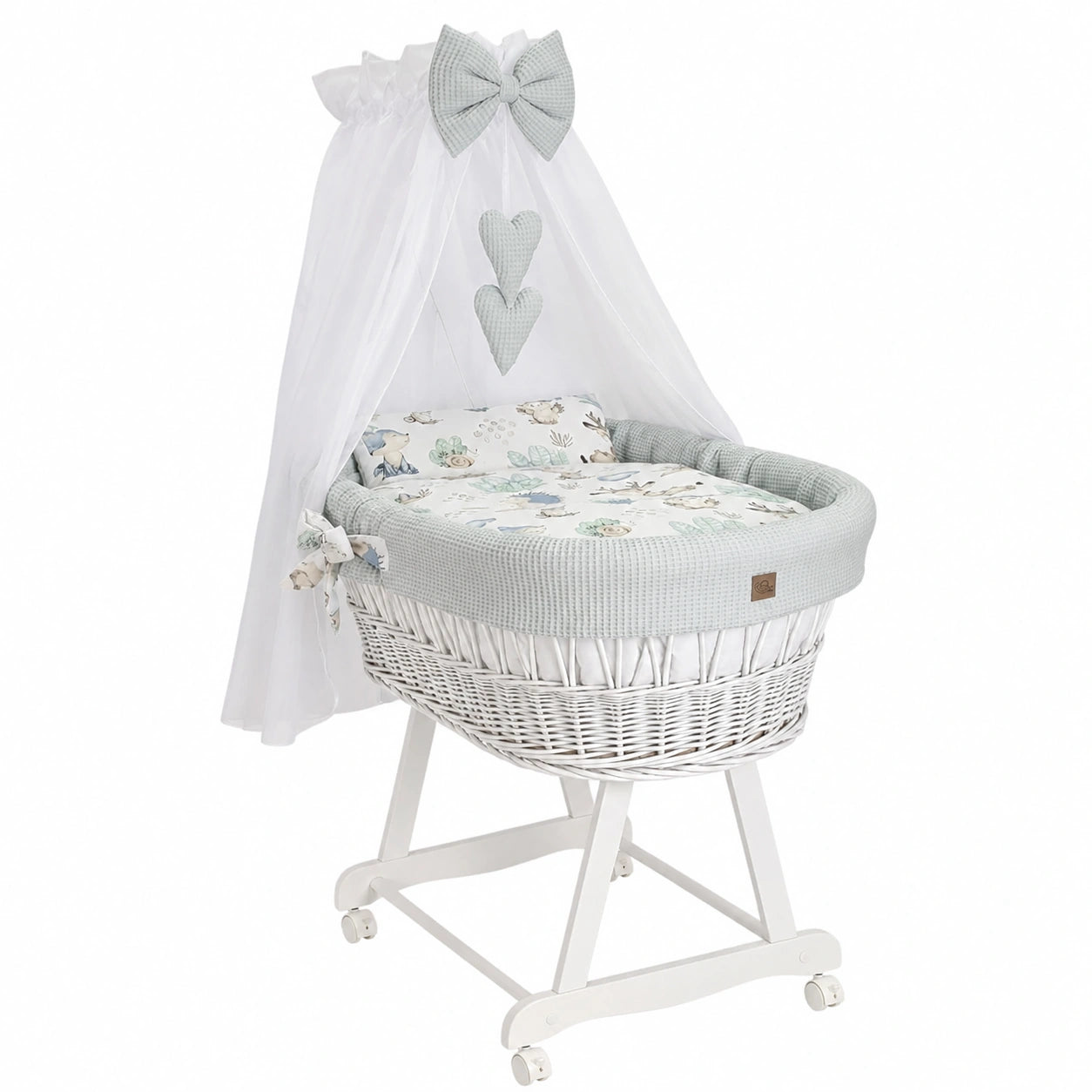 Bettchen Lena mit Himmel – Rollbare Babywiege mit Matratze & Waffelstoff-Bettwäsche, graues Igel-Design, handgefertigter Korb