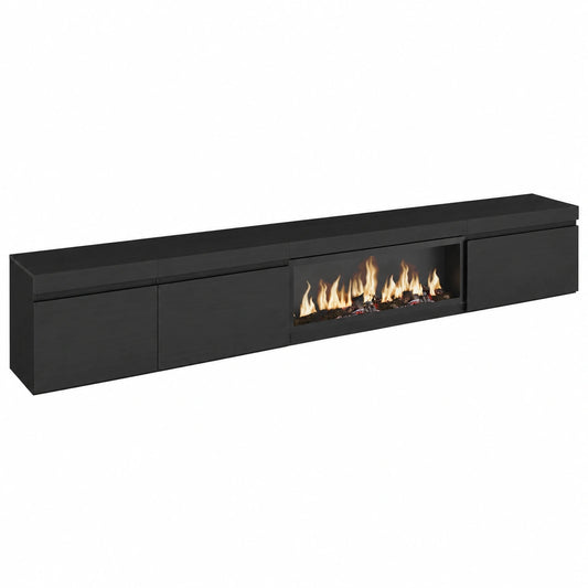 Moderner TV-Unterschrank mit Elektrokamin, 317x45x35 cm, Schwarz