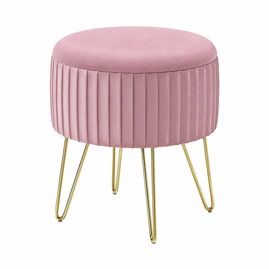 Runder WOLTU Hocker mit Stauraum, Polsterhocker mit Metallbeinen für Wohn- und Schlafzimmer, Ø31,5xH37,5 cm, Pastellrosa