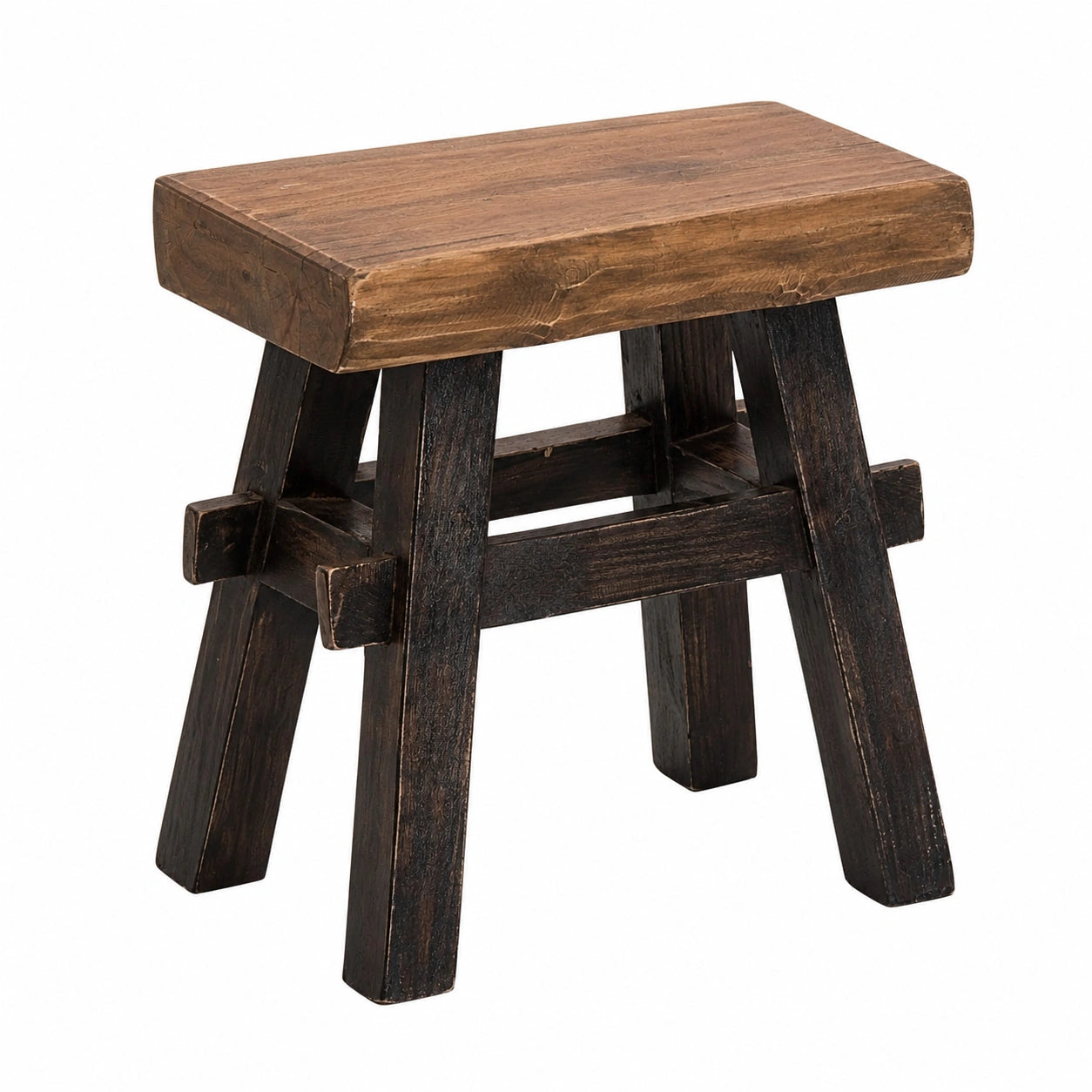 Rustikaler Vintage-Holzhocker aus recyceltem Hartholz, 43x45x27 cm, Massivholz, Farbe: Schwarz-Natur