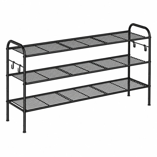 SONGMICS Schuhregal, 3-stufiger Schuhständer aus Metall mit Haken, flexibel für 18 Paar Schuhe, höhenverstellbare Ebenen, ideal für Flur und Garderobe, einfache Montage, schwarzes Design