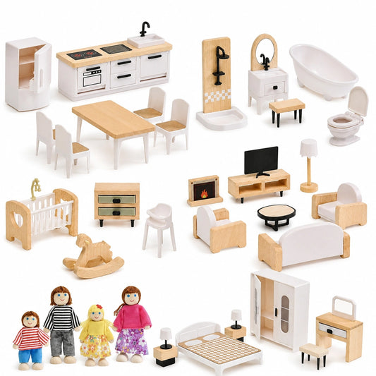 Atoylink Holz- und Kunststoff-Puppenhausmöbel Set, Zubehör für Rollenspiele, Geschenk für Kinder ab 3 Jahren