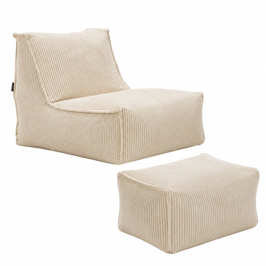 Gemütlicher Cord-Sitzsack mit Hocker - Beige Relaxliege und Bodenkissen