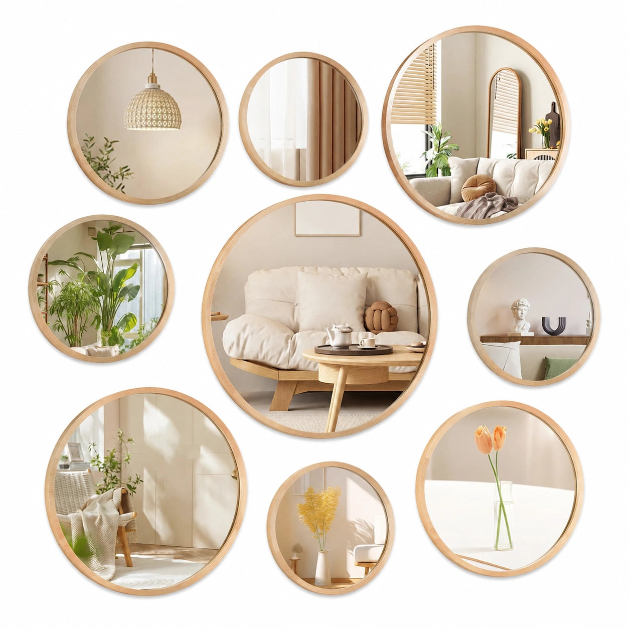 Runde Acryl-Spiegelfliesen Set, selbstklebend für Wohnzimmer in verschiedenen Größen