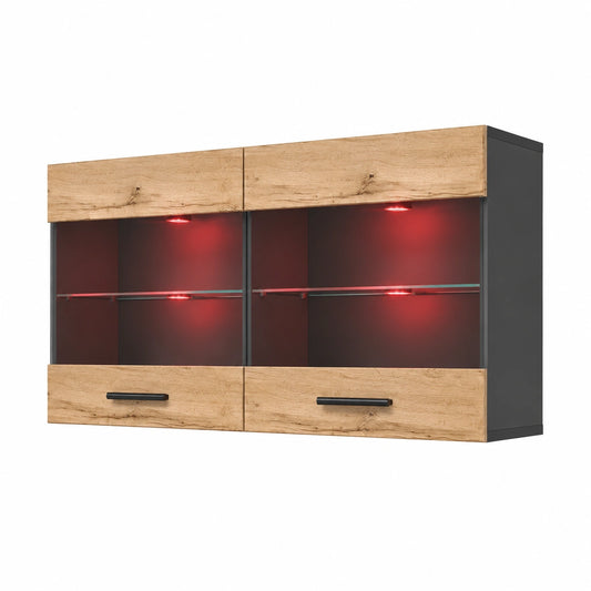 Vitrine Schrank Savona aus Wotan Eiche und Schwarz mit LED RGB, 100x50x30 cm, 2 Glastüren für Wohnzimmer und Küche