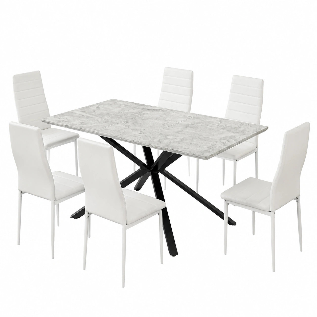 Ausziehbarer Esstisch mit 6 Hochlehner-Stühlen, Rechteckig, Essgruppe für Küche und Wohnzimmer, 160cm, Weiß
