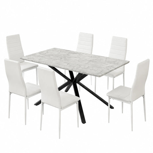 Ausziehbarer Esstisch mit 6 Hochlehner-Stühlen, Rechteckig, Essgruppe für Küche und Wohnzimmer, 160cm, Weiß