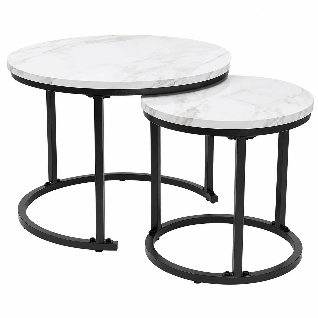 Vintage Couchtisch Set aus MDF und Stahl, 2er Set, Runder Beistelltisch für Wohn-, Schlaf- und Arbeitszimmer (Weiß)