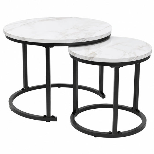 Vintage Couchtisch Set aus MDF und Stahl, 2er Set, Runder Beistelltisch für Wohn-, Schlaf- und Arbeitszimmer (Weiß)